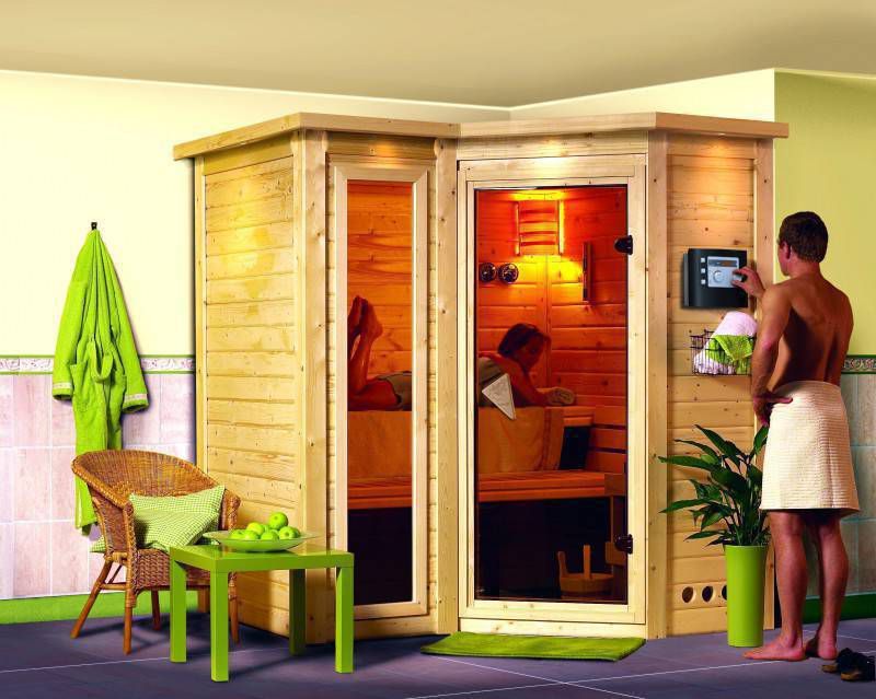 Karibu | Sauna Sahib 2 met Dakkraag | Bronzeglas | Kachel 9 kW Externe Bediening